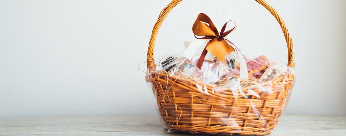 A packed basket with a bow