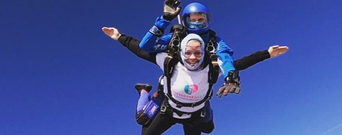 Two skydivers free fall from the sky.