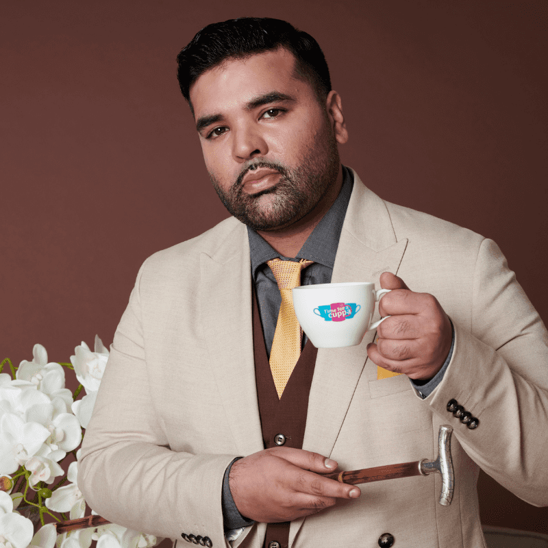 Naughty Boy with a cup of tea