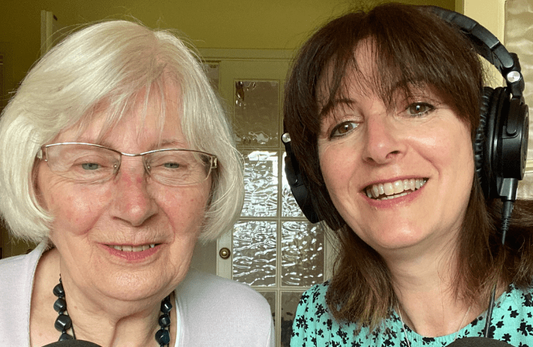 Penny and her mum, Rosemary recording their podcast together