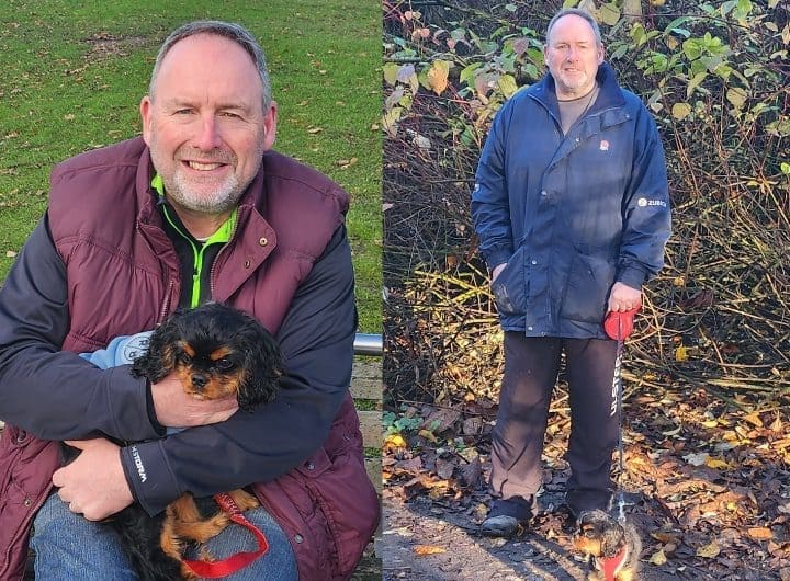 A man holding his puppy and a man walking his puppy