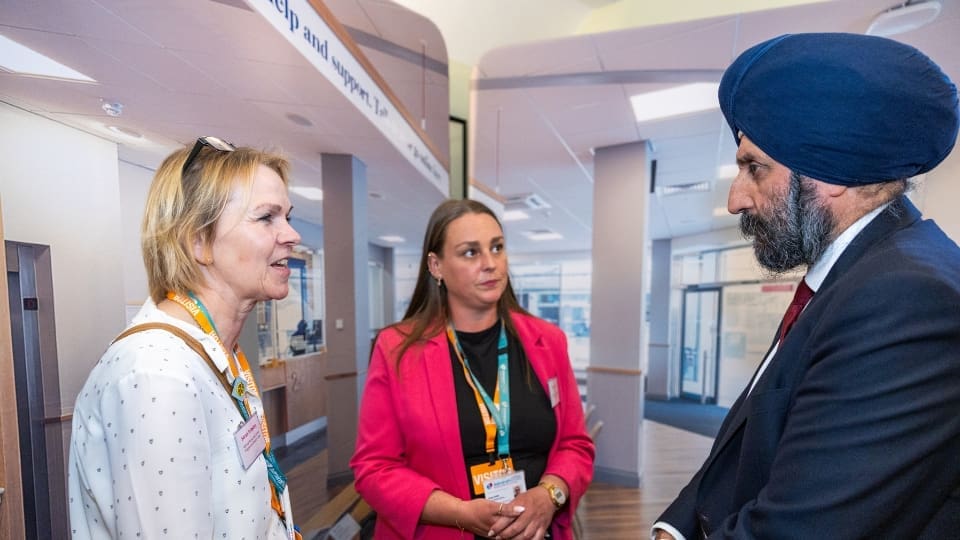 Admiral Nurses Sarah and Ruby speaking with Gurinder Josan MP, Smethwick