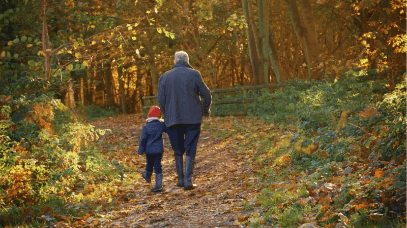 Grandad and grandchild walking through a forest