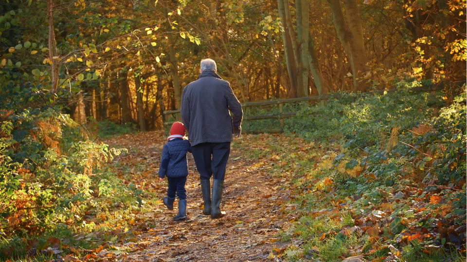 Grandad and grandchild walking through a forest