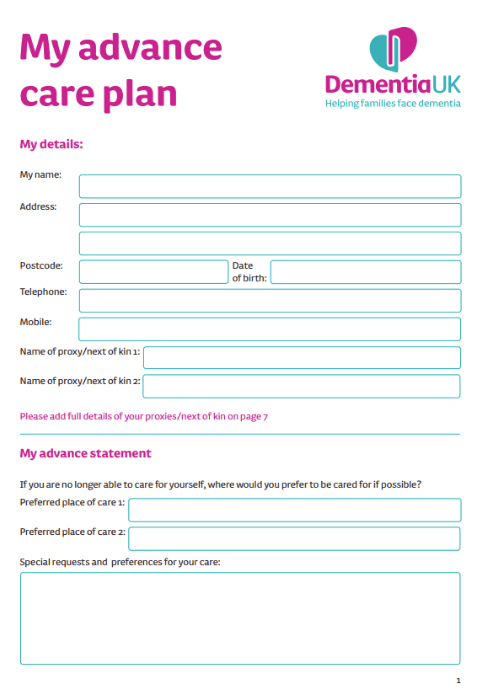 Dementia UK Advance Care Plan template