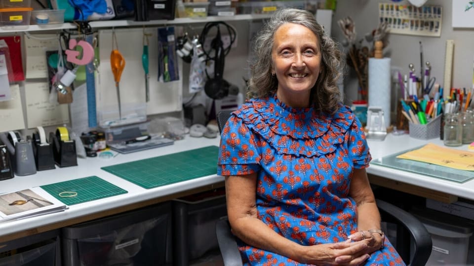 Storyteller Gail in her craft shed