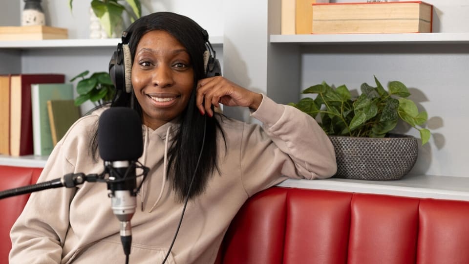 storyteller michaela williams in podcast recording studio